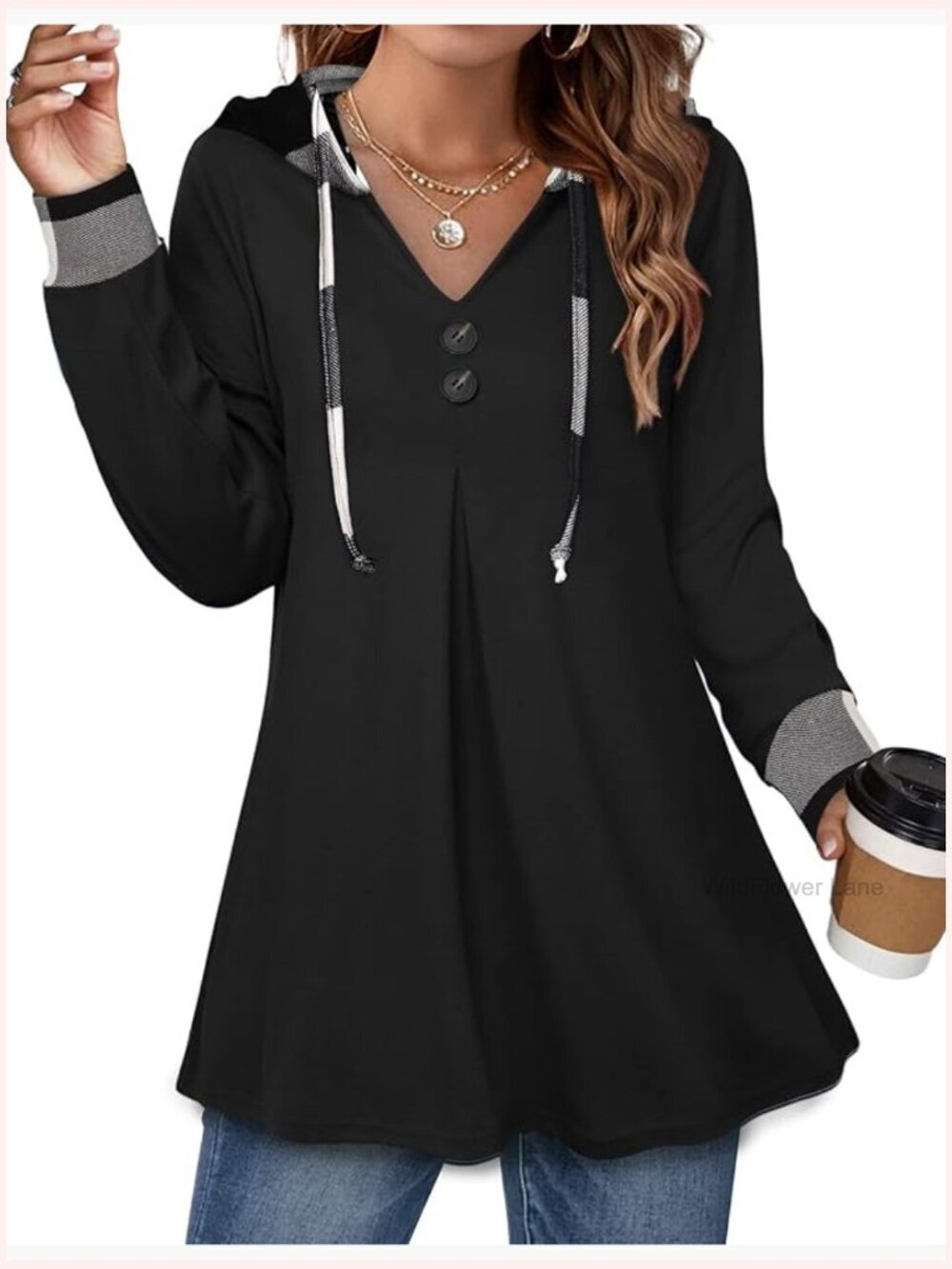 Long Sleeve Hooded Tunic Button Swing Pullover Sweatshirt